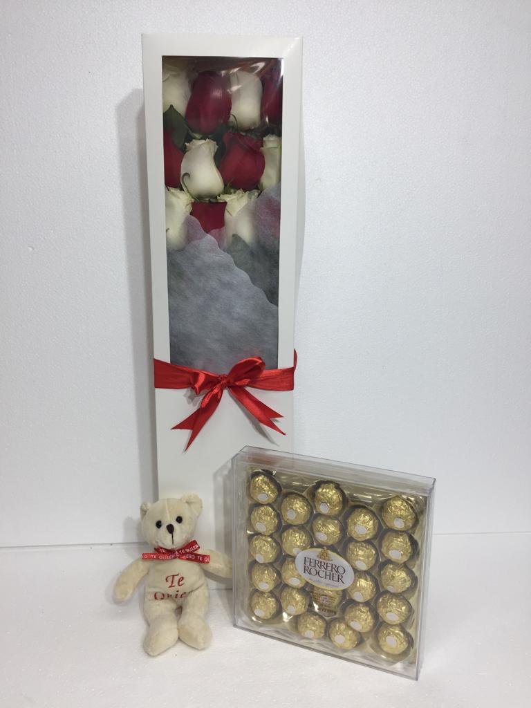 Caja con 12 Rosas ms Bombones Ferrero Rocher 300 Gramos y Peluchito 19 cm